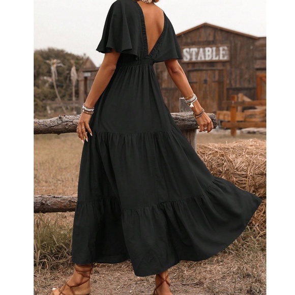Boho Rust V neck Butterfly Sleeve Stretchy Waist Maxi Dress - Picture 6 of 11